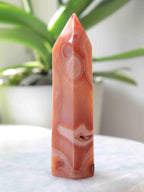 Gros plan sur la cornaline sculptée.
