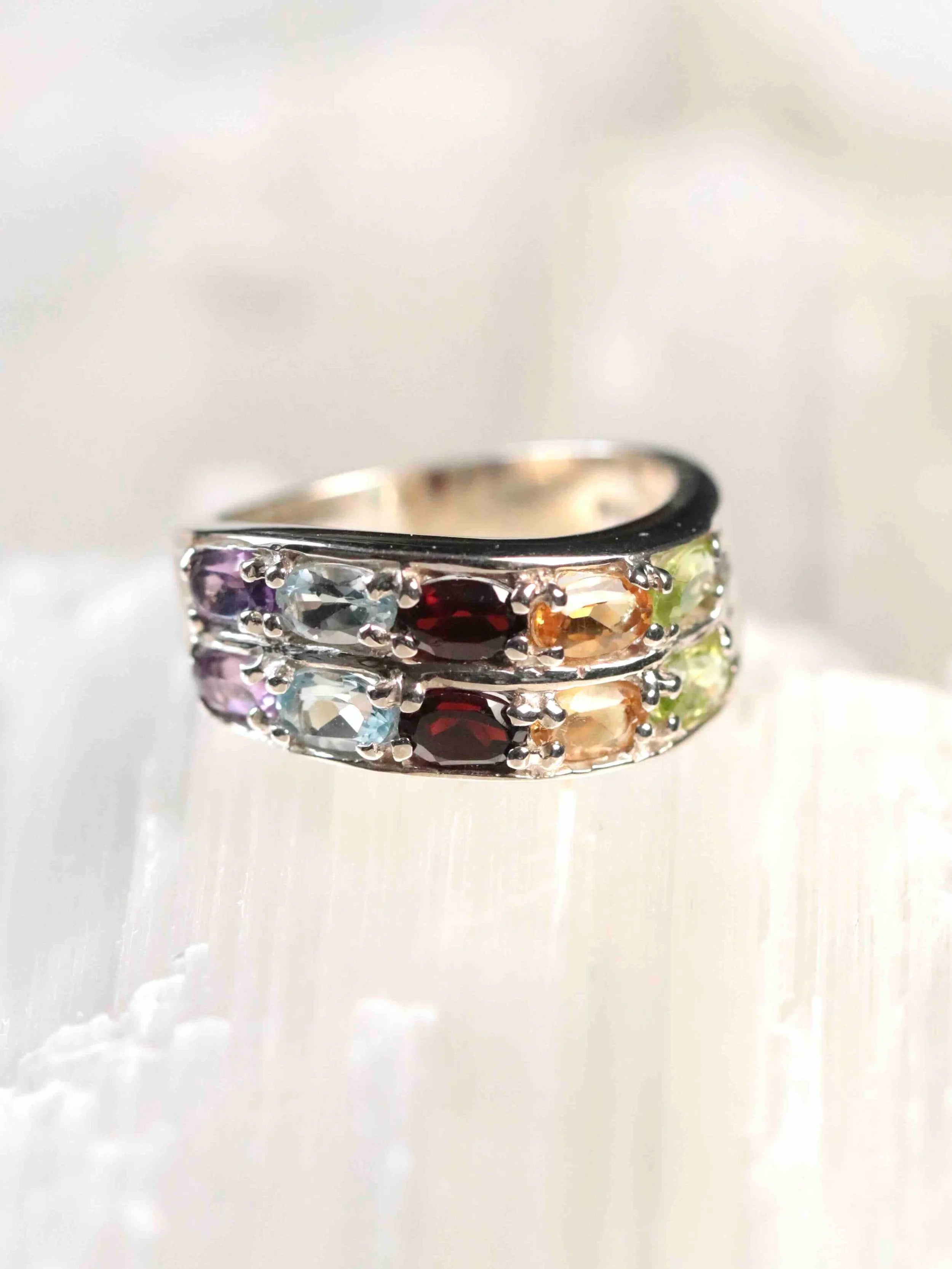 Bague Topaze, Péridot, Grenat, Citrine, Améthyste & Argent 925 | Pierre pour la lumière et l'équilibre | SOLYA | Bijoux, pierres, cristaux & minéraux en Belgique | Ethique et naturelles