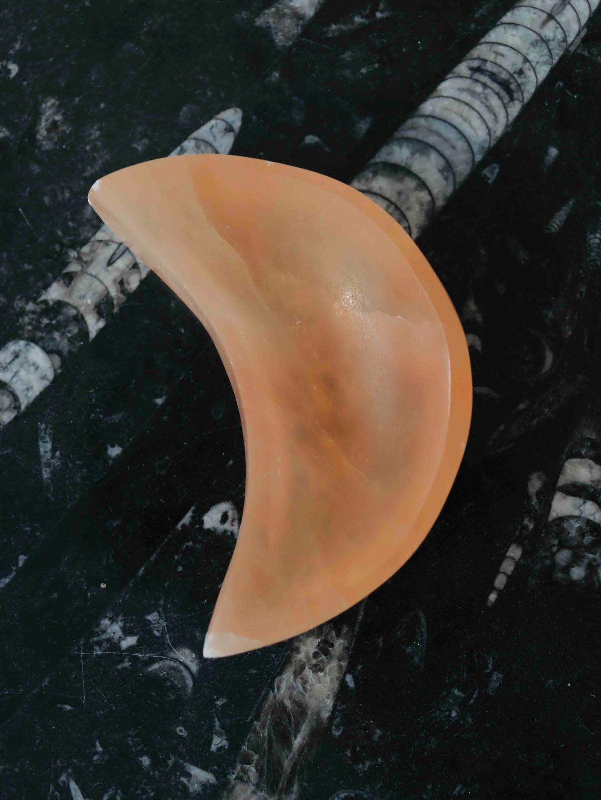 Mini bol lune en sélénite orange aux nuances pêche et aux bords clairs, vu du dessus sur une surface noire à motifs fossiles.
