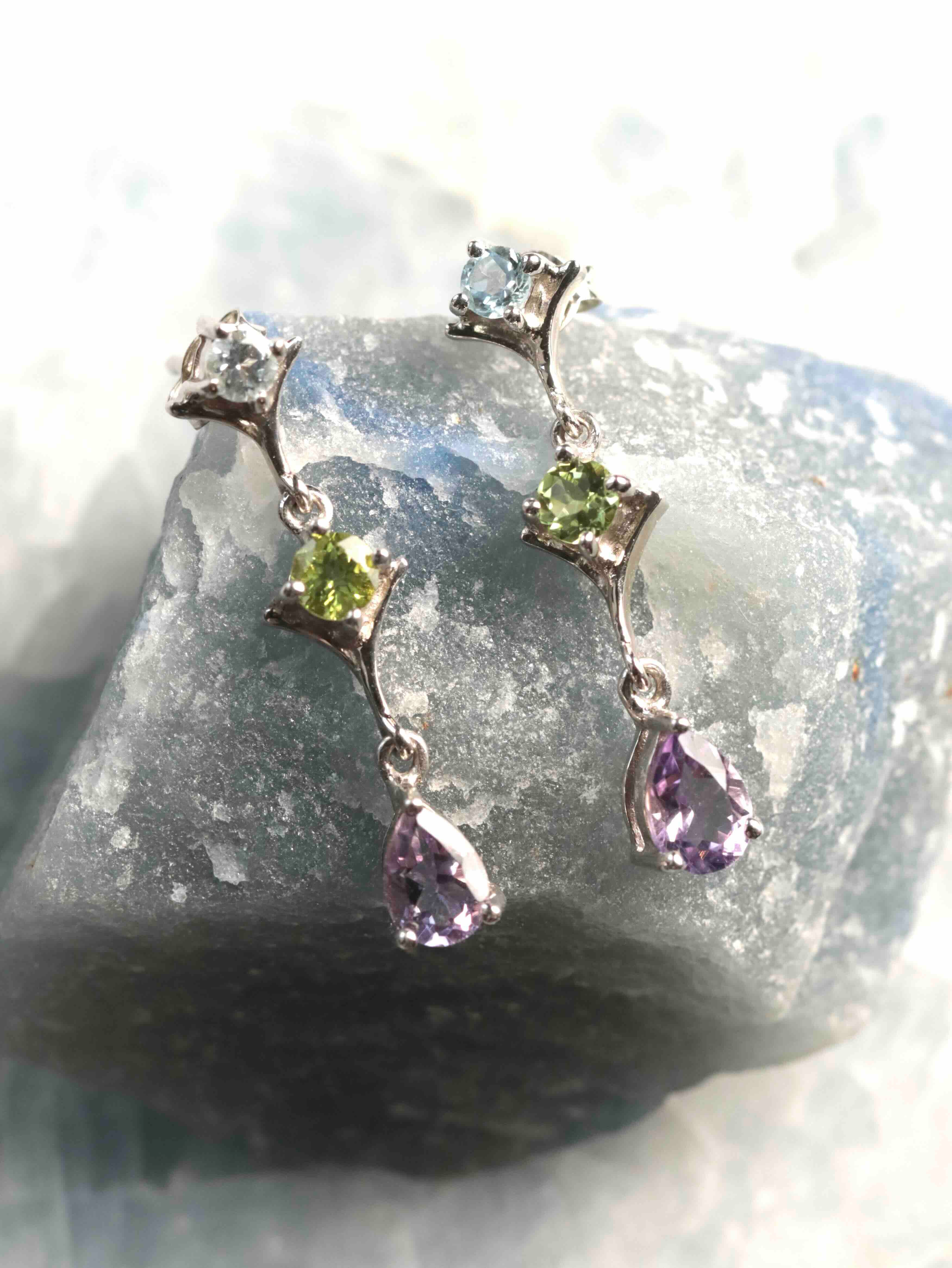 Boucles d'oreilles Topaze, Péridot & Améthyste & Argent 925 | Lumière & Sérénité