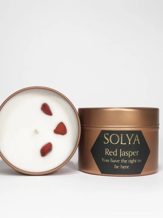 Bougie de voyage Jaspe rouge | Pierre pour prendre sa place | SOLYA | Pierres ethiques et naturelles en Belgique | Bijoux, cristaux et mineraux 