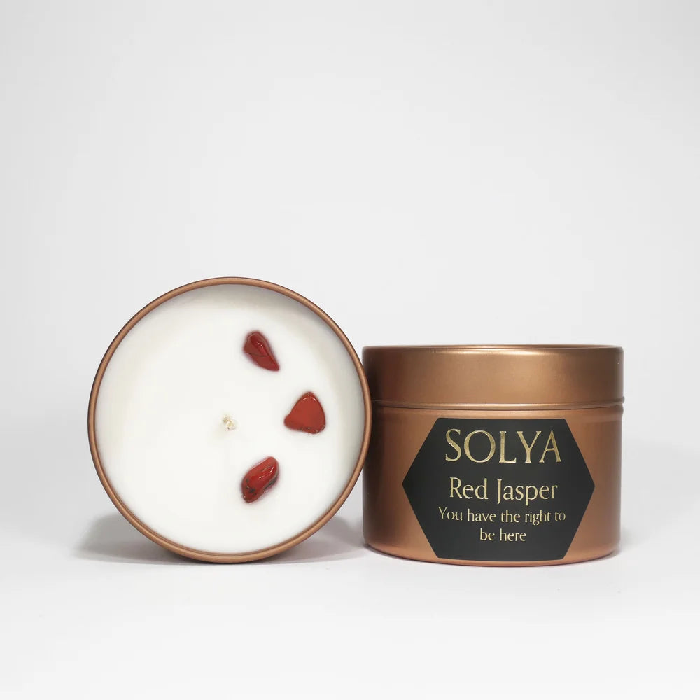 Bougie de voyage Jaspe rouge | Pierre pour prendre sa place | SOLYA | Pierres ethiques et naturelles en Belgique | Bijoux, cristaux et mineraux 