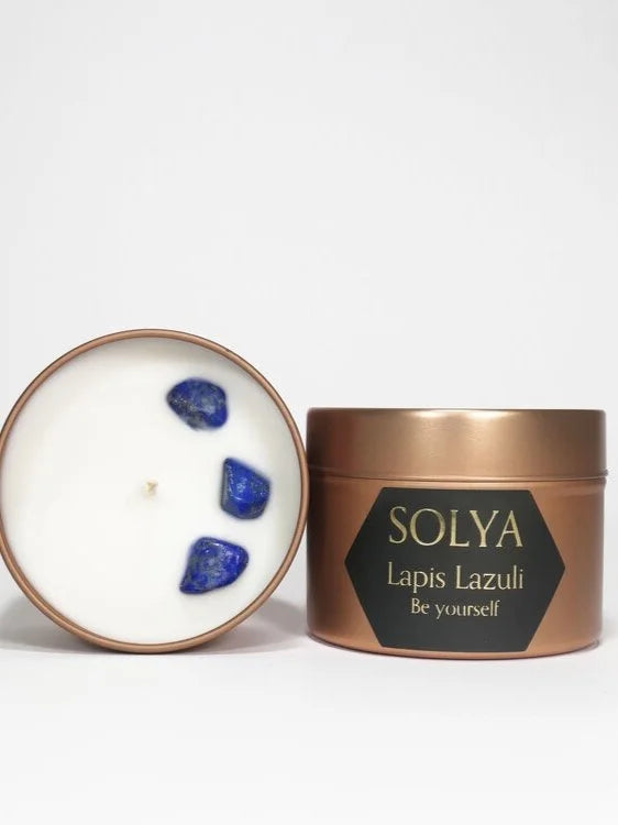 Bougie de voyage Lapis-Lazuli | Pierre pour s'affirmer | SOLYA | Pierres ethiques et naturelles en Belgique | Bijoux, cristaux et mineraux