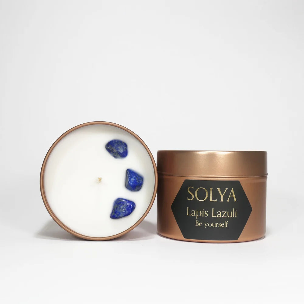 Bougie de voyage Lapis-Lazuli | Pierre pour s'affirmer | SOLYA | Pierres ethiques et naturelles en Belgique | Bijoux, cristaux et mineraux