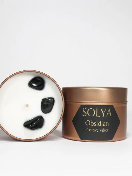 Bougie de voyage Obsidienne | Pierre pour voir le positif | SOLYA | Bijoux, Cristaux & Minéraux | EShop belge de pierres naturelles & éthiques