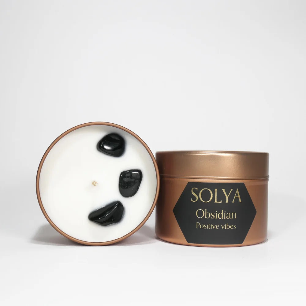 Bougie de voyage Obsidienne | Pierre pour voir le positif | SOLYA | Bijoux, Cristaux & Minéraux | EShop belge de pierres naturelles & éthiques