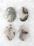 Quatre cabochons ovales polis en agate mousse, aux nuances blanc laiteux et translucides avec des inclusions vertes et brunes évoquant des végétaux, sur fond blanc.
