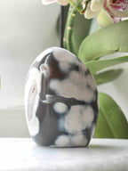 Dôme poli en agate orque aux motifs blancs sur fond gris foncé, posé devant une orchidée.