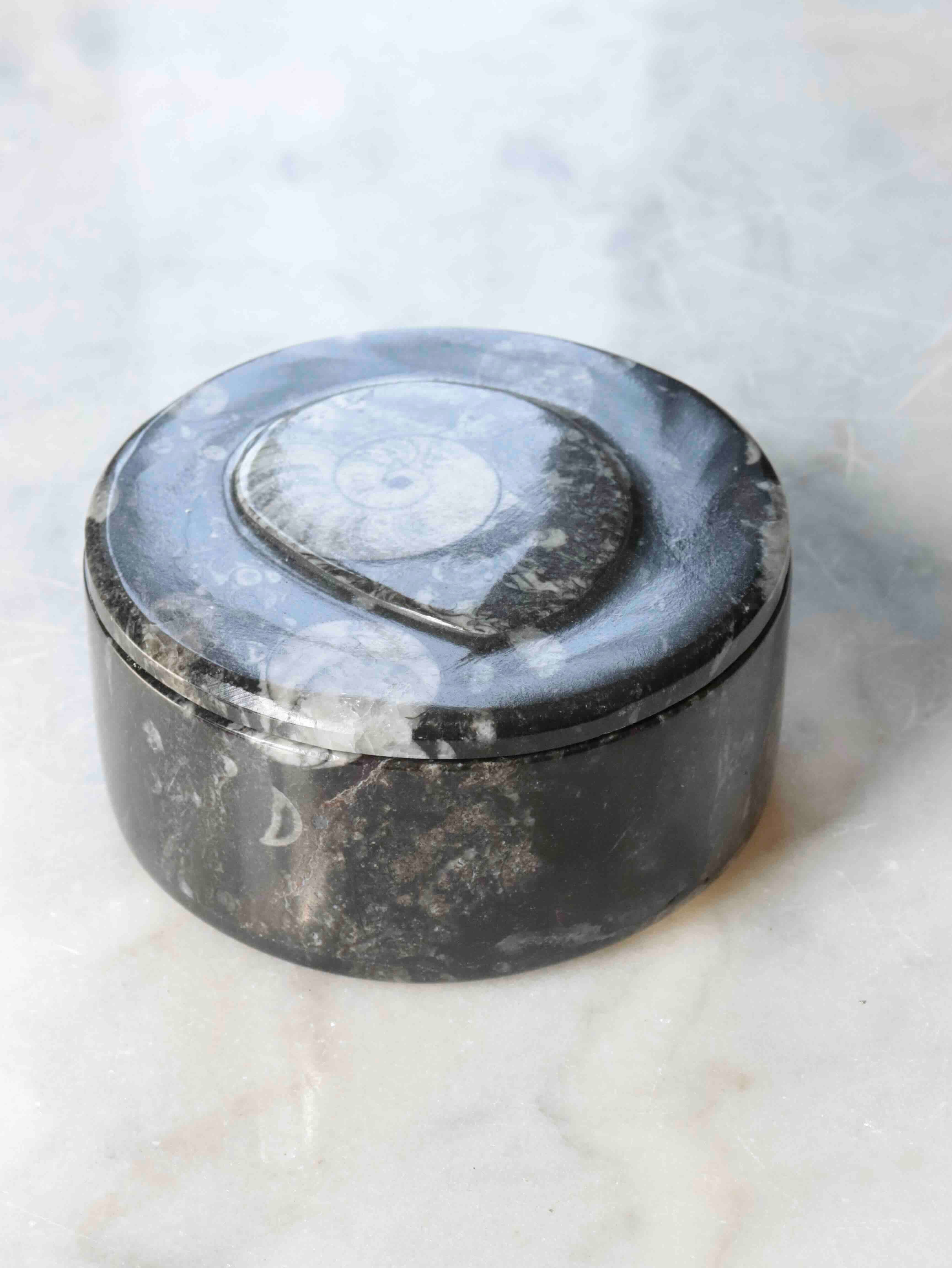 Grande boîte en Orthocéras, 10 cm de diamètre, objet décoratif en fossile éthique pour conserver vos précieux objets – SOLYA, pierres naturelles et éthiques en Belgique