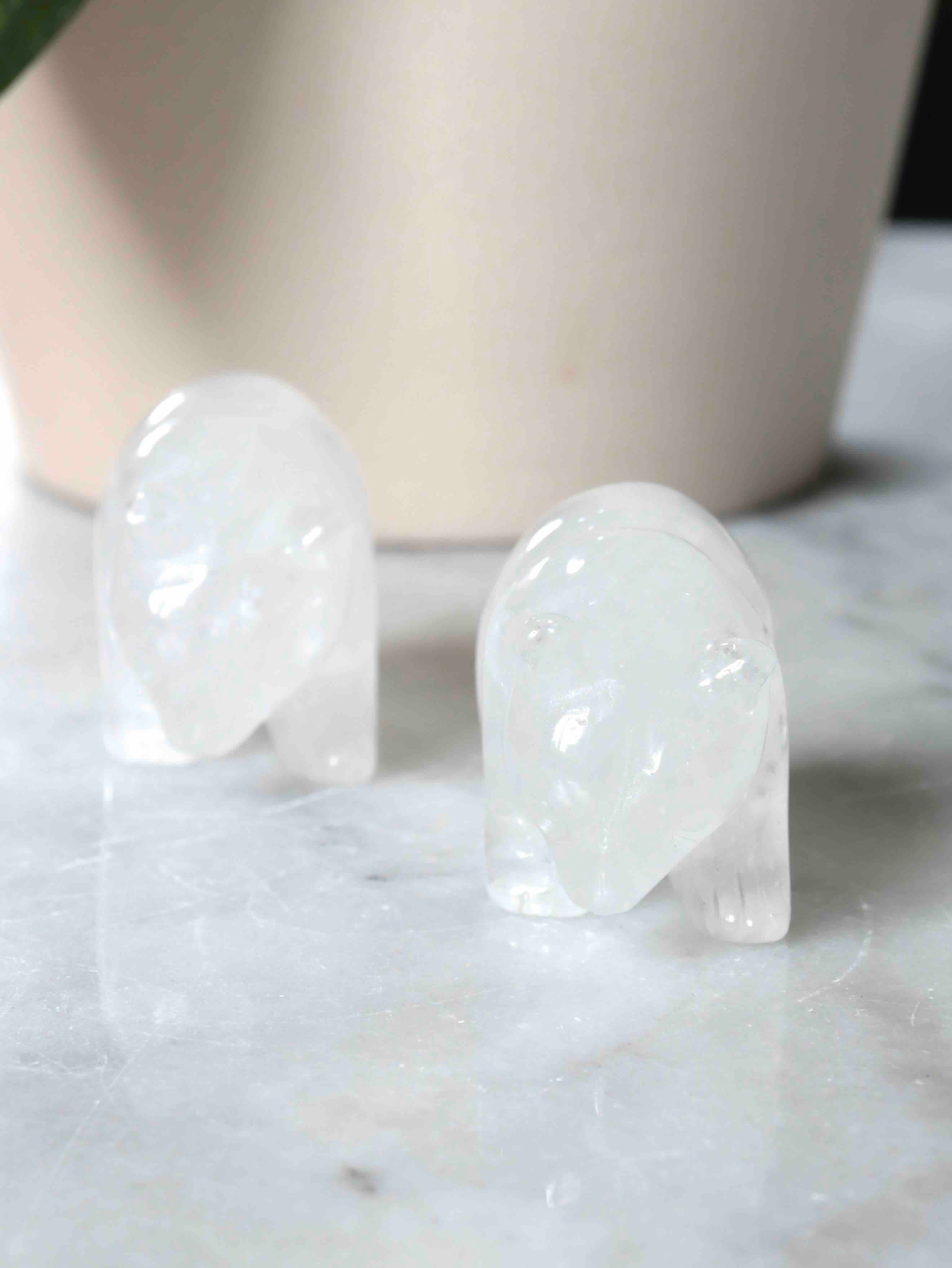 Deux ours sculptés en cristal de roche blanc translucide – pierre naturelle du Brésil pour se recentrer – SOLYA Belgique