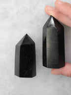 Grande pointe en tourmaline noire tenue entre les doigts à côté d’une pointe plus petite, montrant leurs facettes polies.
