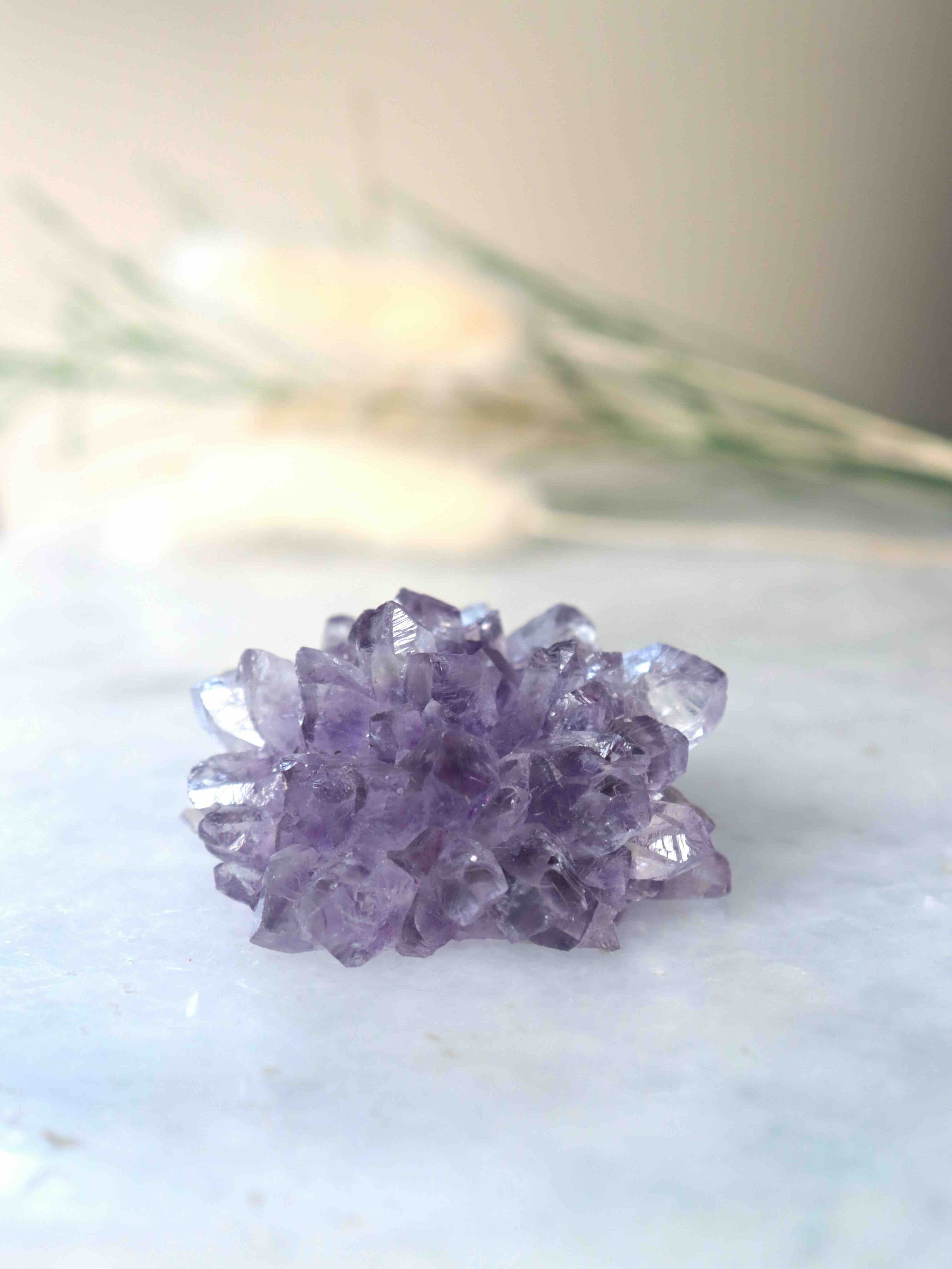 Gros plan sur une fleur d'améthyste brute, pointes de quartz violet déployées comme des pétales, spécimen unique