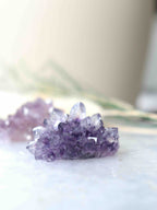 Gros plan sur des petites fleurs d'améthyste, pointes de quartz violet déployées comme des pétales, 4,5 cm