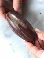 Shiva Lingam tenu en main, bandes beiges caractéristiques – taille réelle, pierre éthique – SOLYA